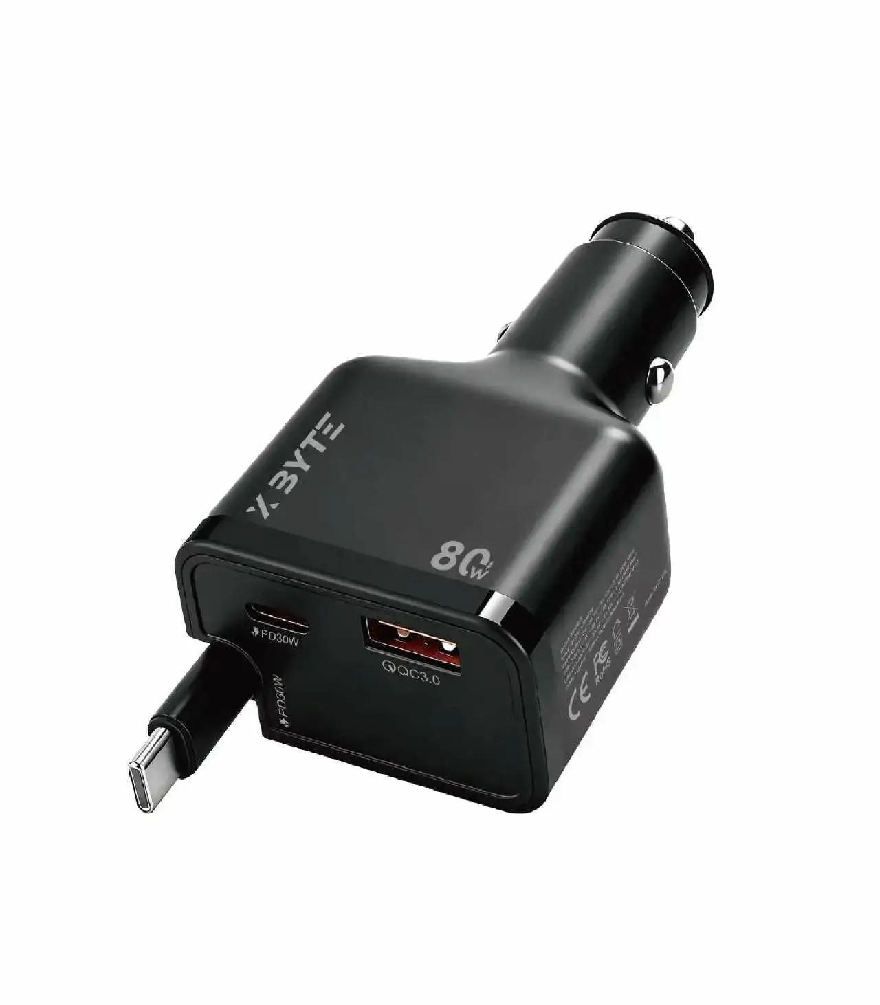 80W USB-C Car Charger with Cable | Dual Port (USB-C & USB-A) Fast Charging Adapter for 12V-24V Vehicles – Black/White